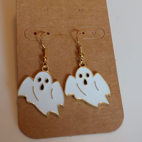 Hand Crafted Jewelry - Oh My Ghost Face White Enameled Ghost Dangling Earrings Halloween
